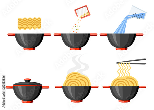 Cooking instruction. Instant noodles. Flat vector illustration. Black bowl and chopsticks. Vector illustration isolated on white background