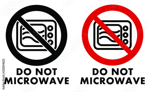 Do not microwave symbol. Oven icon in crossed circle with text under. Black and white / red version.