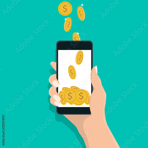 Mobile telephone with gold coin pile.Dollar coin in phone, online payment concept, save money online concept, Vector illustration 