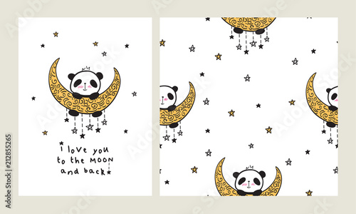Fototapeta Naklejka Na Ścianę i Meble -  I love you to the moon and back. Set of Greeting card with heart and cute pandas on the moon. Seamless pattern for gift wrap, textile or book covers, wallpapers and scrapbook. Vector.
