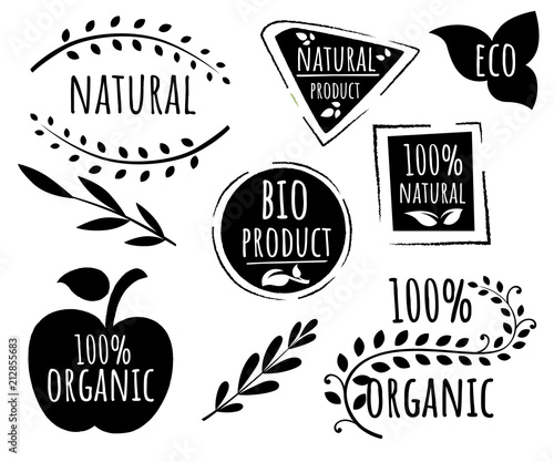 Collection of eco friendly logo stamps. 100% organic logo design. Black vector eco stamp. Flat vector illustration. Isolated on white background
