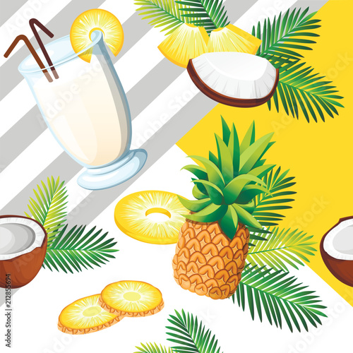 Exotic seamless pattern. Pina colada with coconut, pineapple. Drinking glass. Concept design for card and advertising. Flat vector illustration on white background