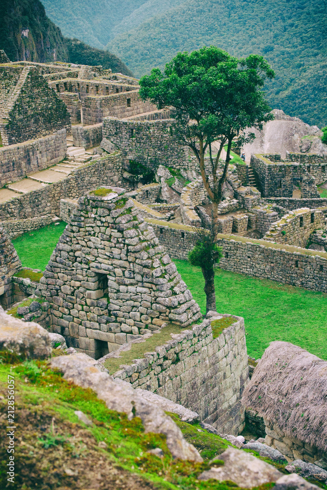 Vertical view of Machu Picchu stone ruins lost in the wild nature of the Andes mountains. Peru. South America. No people.