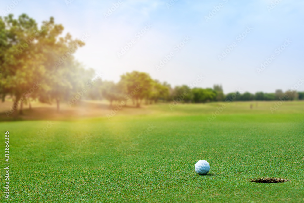 Golf ball on blurred beautiful green grass with sunlight in morning time. Sport and recreation playground for golf club concept. Golf ball on blurred beautiful green grass with sunlight in morning time. Sport and recreation playground for golf club concept.