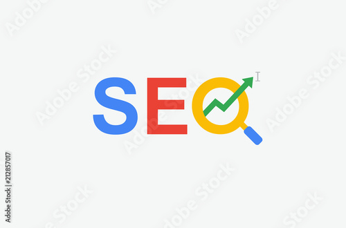 SEO (search engine optimization) minimal flat logo with magnifying glass, arrow and cursor symbol. multi color design. photo