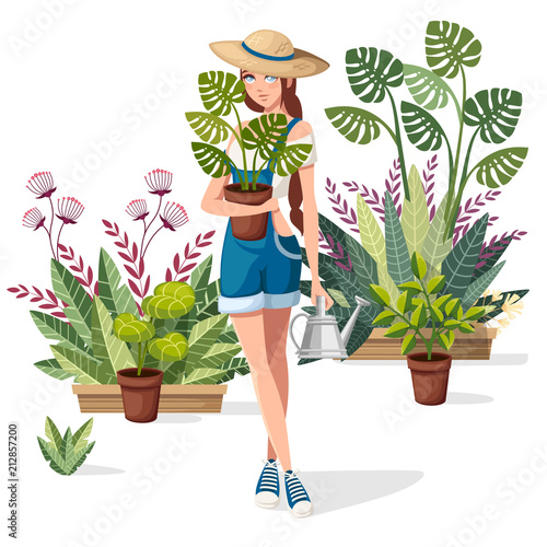 Beautiful women hold flower pot and watering can. Farmer girl with summer hat. Cartoon character design. Many flowers pot on background. Flat vector illustration on white