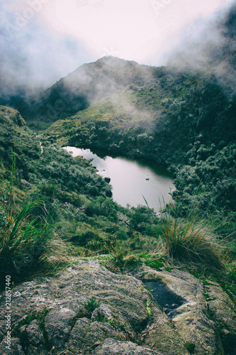 Vertical view of a lake surrounded by wild nature with fog and red flowers in the mountains near Machu Picchu. No people.