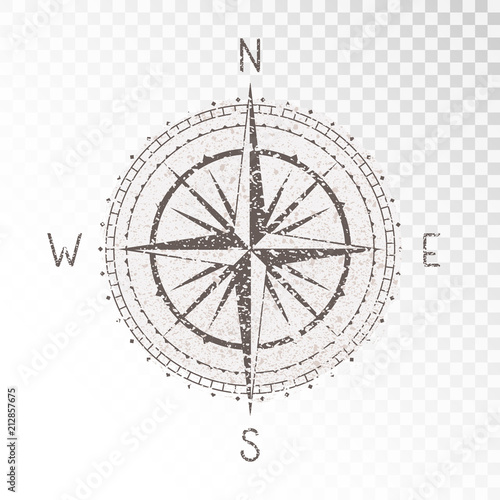 Vector illustration with a vintage textured compass or wind rose and grunge texture elements on transparent background. With basic directions North, East, South and West.