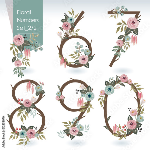 Vector illustration of floral numbers collection in spring. A set of beautiful flowers and numbers for wedding, invitations and birthday cards	