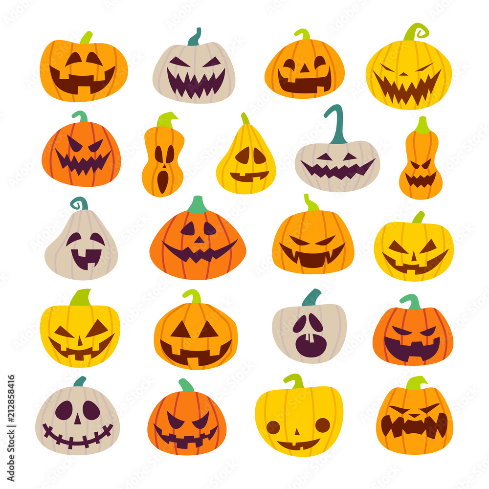 Naklejka premium Set of Halloween scary pumpkins. Flat style spooky creepy pumpkins