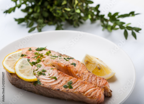 Salmon slice with a lemon and green parsley