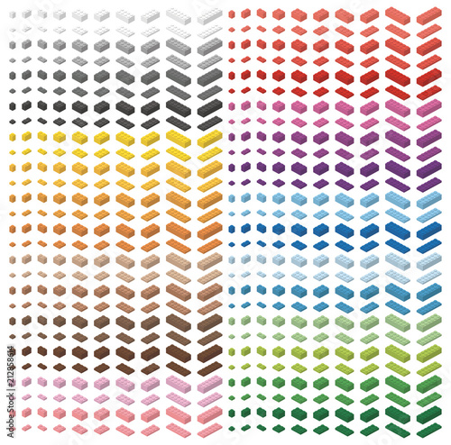 Children brick toy simple colorful bricks isolated on white background. Color spectrum big pack of bricks. All bricks sizes.