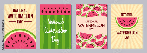 Set of flyers, posters, banners, placards, cards, brochure design templates A6 size. Watermelon Day. Slices of watermelon. Texture of the watermelons with seeds. Event name. Vector illustrations.