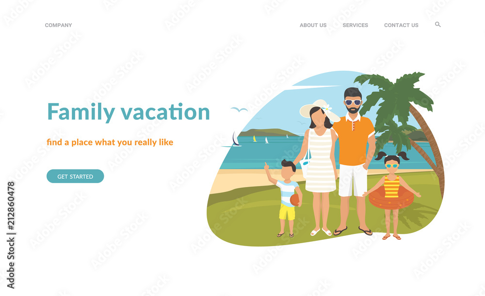 Happy family on vacations illustration flat design. Flat concept vector website template and landing page design of parents with kids in the tropical beach near blue sea and two palm trees behind them Happy family on vacations illustration flat design. Flat concept vector website template and landing page design of parents with kids in the tropical beach near blue sea and two palm trees behind them