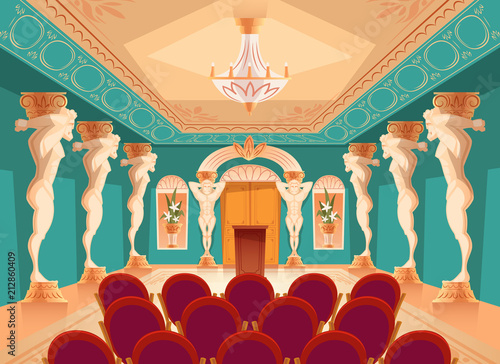 Vector dancing hall with atlas pillars and armchairs for audience, spectators. Interior of ballroom with titan, atlant columns for presentation or royal reception in luxury medieval palace.