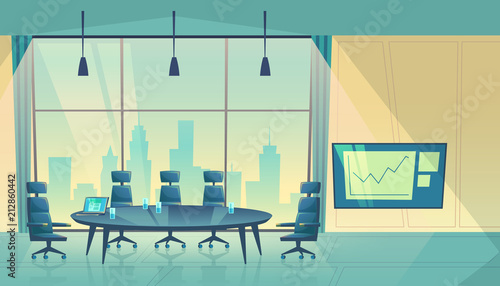 Vector conference hall for business seminar, working process. Room for shareholders in skyscraper, urban view from window. Teamwork space in cartoon space