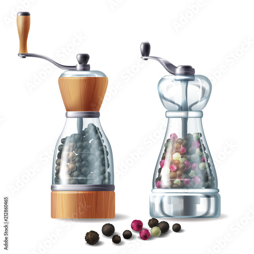 Vector realistic set of pepper mills with metal handles, glass containers filled with various peppercorns, isolated on white background. Kitchen equipment for grind and prepare spicy seasoning