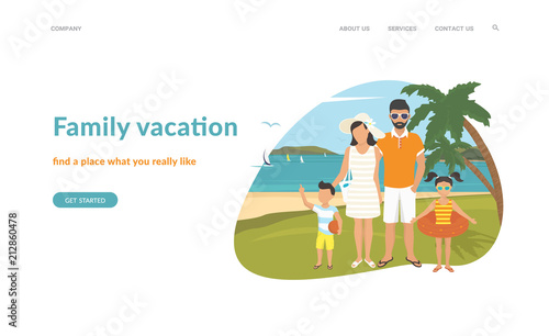 Happy family on vacations illustration flat design. Flat concept vector website template and landing page design of parents with kids in the tropical beach near blue sea and two palm trees behind them