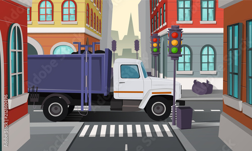 Vector city crossroads with rubbish truck. Car with trash, municipal service. Cartoon illustration of urban street with bins, containers. Town buildings, architecture on background.