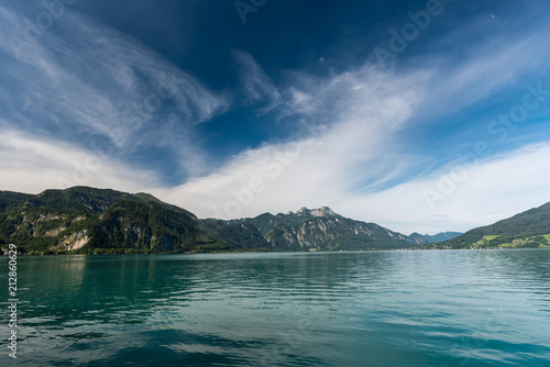 Wolfgangsee-Scenic panoramic picture-postcard view of famous Austrian Alps with beautiful clean lake