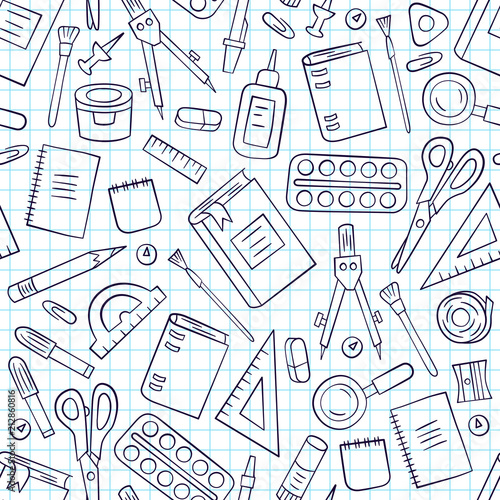 School and office stationery. Seamless pattern in doodle and cartoon style. Checkbook in a cage. Vector. EPS 8