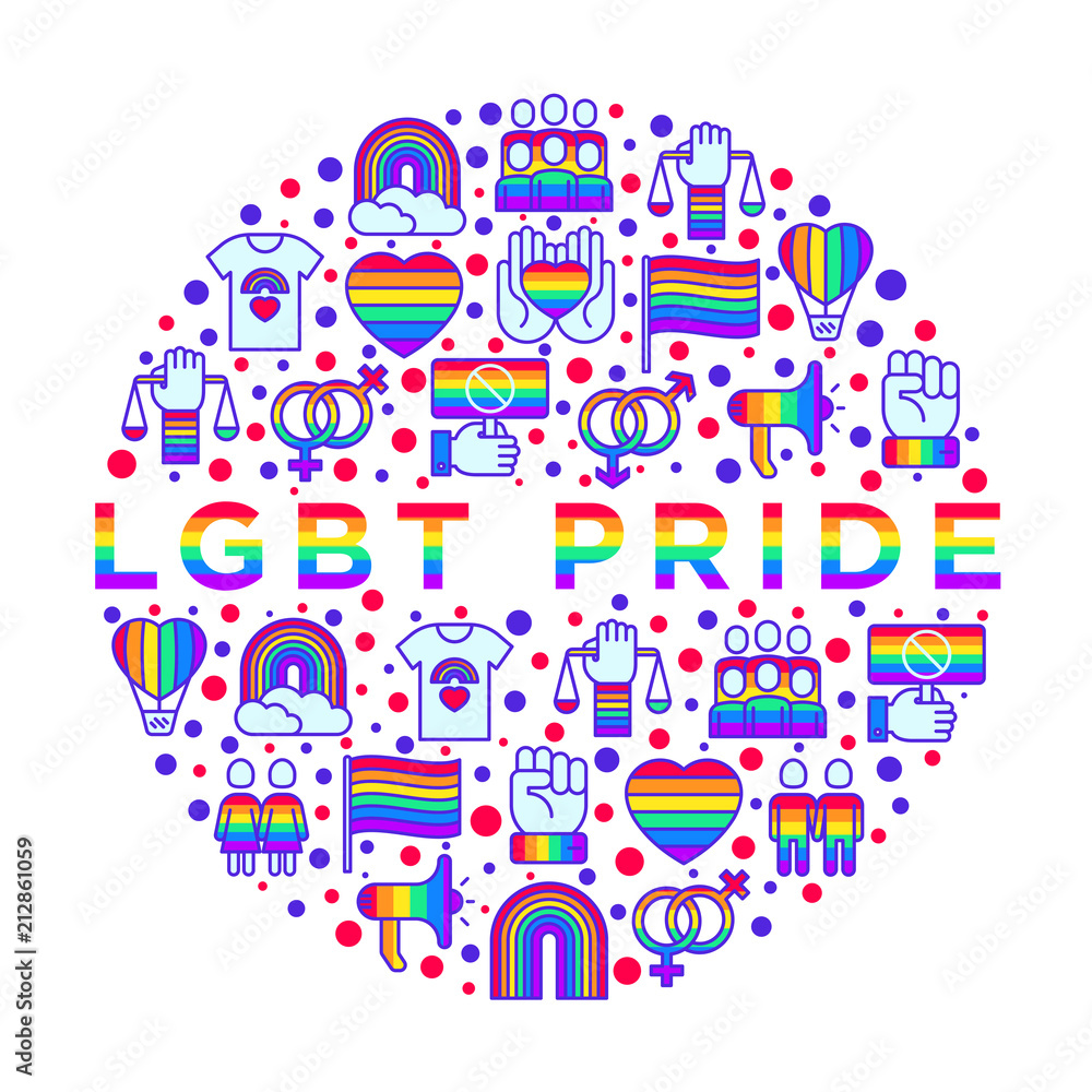 LGBT concept in circle with thin line icons: gay, lesbian, rainbow, coming out, free love, flag, support, stop homophobia, LGBT rights, pride day. Modern vector illustration, web page template.