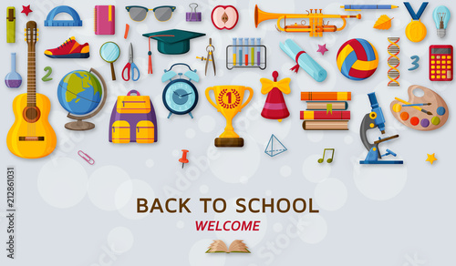Back to school background with 3d paper cut signs. Vector illustration.