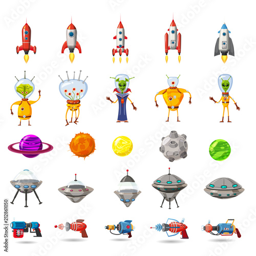 Super set of space, planets, ufo, rockets, aliens, blasters, for games, applications, advertisements, posters, animation, vector, isolated, cartoon style, white background