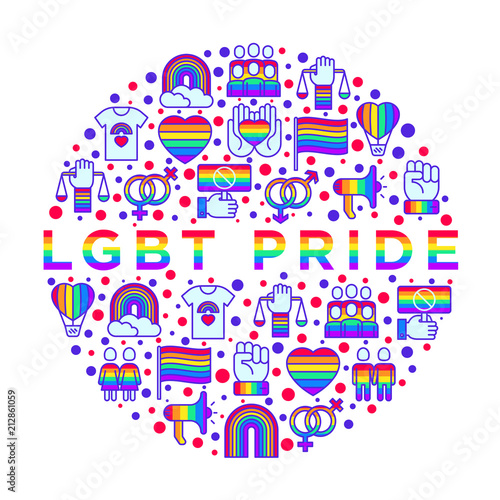 LGBT concept in circle with thin line icons: gay, lesbian, rainbow, coming out, free love, flag, support, stop homophobia, LGBT rights, pride day. Modern vector illustration, web page template.