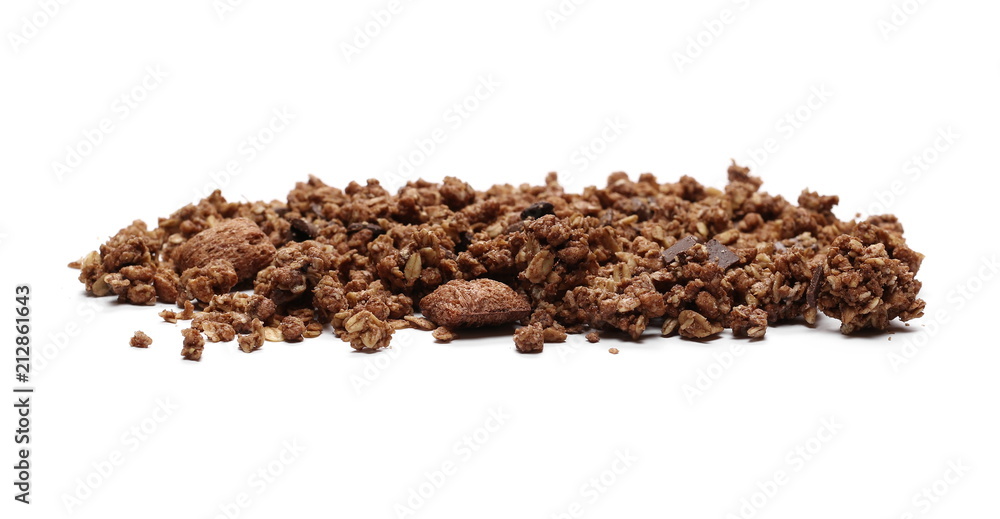 Crunchy chocolate granola, muesli pile isolated on white background Crunchy chocolate granola, muesli pile isolated on white background