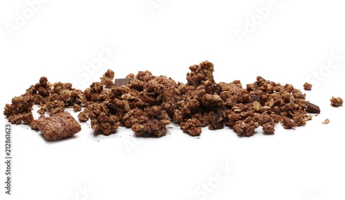 Crunchy chocolate granola, muesli pile isolated on white background
