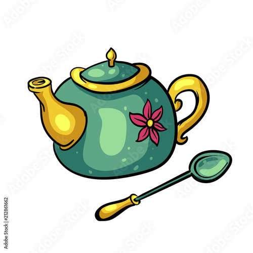 Teapot and tea spoon