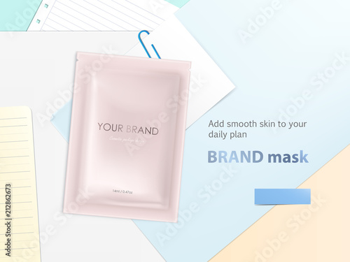 Vector mockup with disposable foil sachet, blank package with facial mask or shampoo, isolated on background. Cosmetic product for daily use, for face and skin treatment. Template for brand promotion