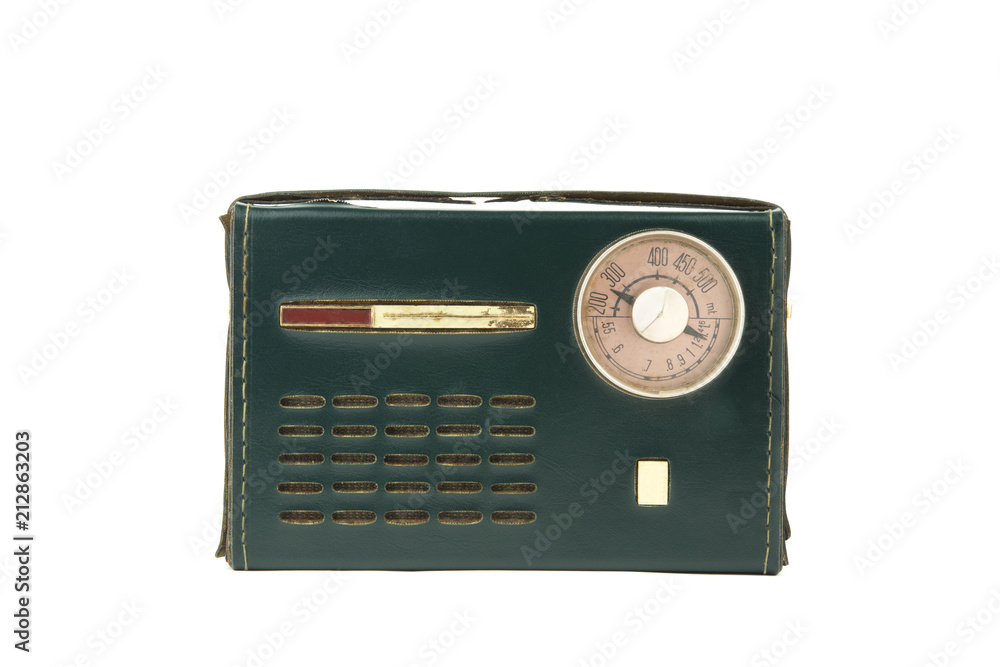 isolated .vintage portable radio covered in green leather / old radio of  the 50-60s with a circular dial Stock Photo | Adobe Stock