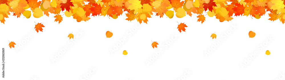 Horizontal decorative seamless header with falling leaves for sites. - obrazy, fototapety, plakaty 