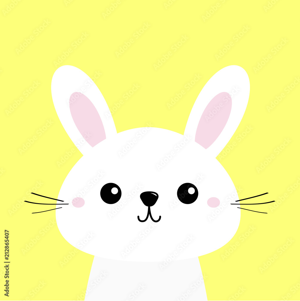 White bunny rabbit. Cute kawaii cartoon character. Funny head baby face.  Big ears. Greeting card template. Happy Easter sign symbol. Yellow  background. Flat design. Stock Vector | Adobe Stock