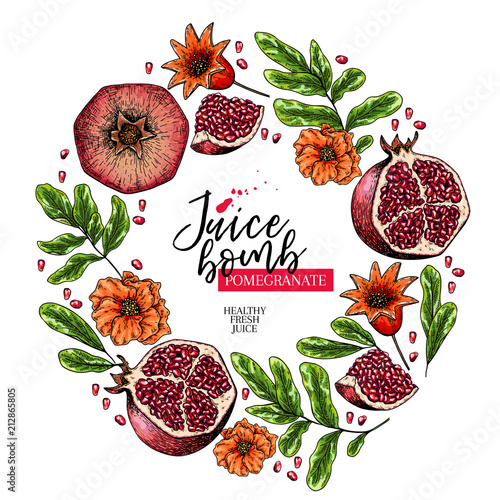 Hand drawn pomegranate composition. Vector colored engraved illustration. Juicy natural fruit. Food healthy ingredient. For cooking, cosmetic package design, medicinal herb, treating, healt care.