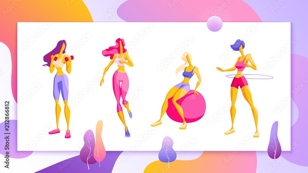 Woman workout fitness, pilates, aerobic Set of girls doing exercise, jogging Vector