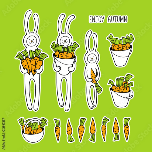 Enjoy autumn. Set of hand drawn cute stickers with animal characters for kids.