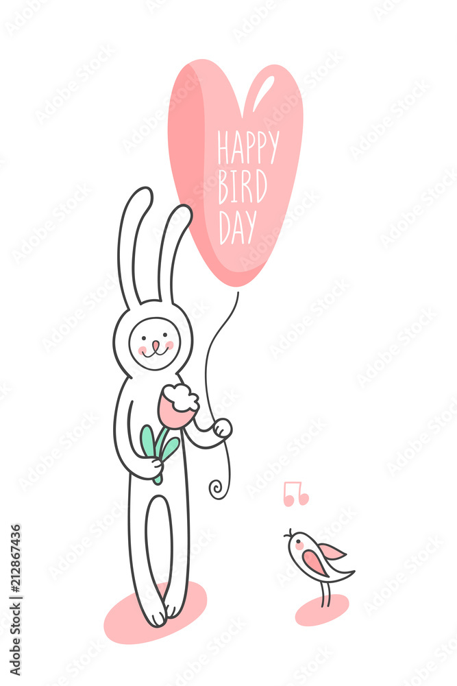 Happy bird day. Cute hand drawn  birthday card.