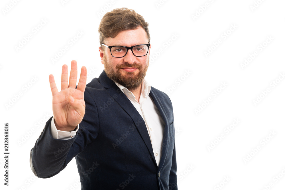 Portrait of business man showing number four with fingers. Portrait of business man showing number four with fingers.