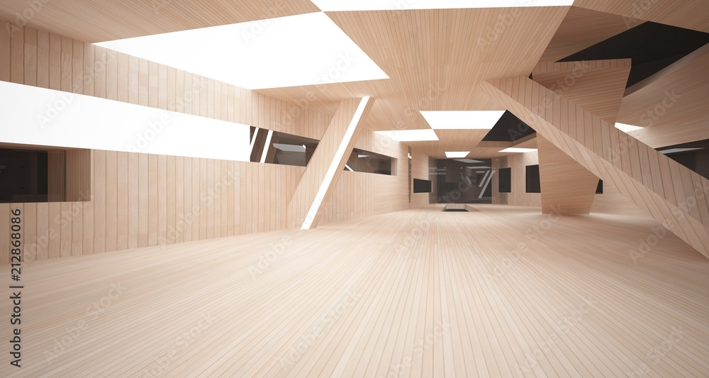 Abstract concrete and wood parametric interior with neon lighting. 3D illustration and rendering.