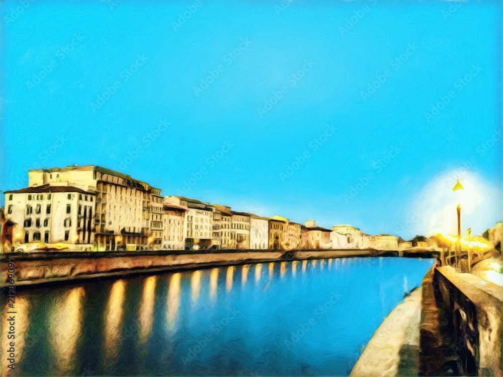 View at river Arno in Pisa, Italy. Old houses at embankment. Italian canal. Big size oil painting fine art. Modern impressionism drawn artwork. Creative artistic print for canvas, poster or paper.
