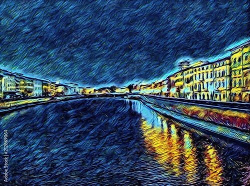 View at river Arno in Pisa, Italy. Old houses at embankment. Italian canal. Big size oil painting fine art in Vincent Van Gogh style. Modern impressionism drawn. Creative artistic print or poster.