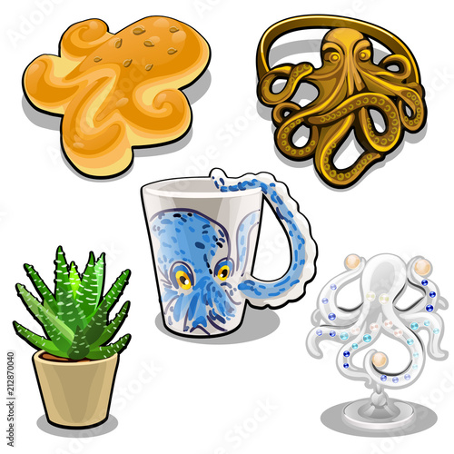 The set of objects in the form of an octopus isolated on white background. Themed set. Vector cartoon close-up illustration.