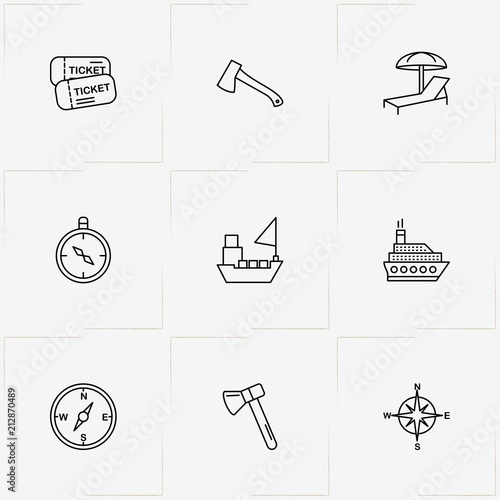 Tourism line icon set with deck chair , ship and tickets