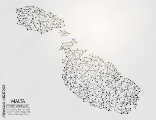 A map of Malta consisting of 3D triangles, lines, points, and connections. Vector illustration of the EPS 10.