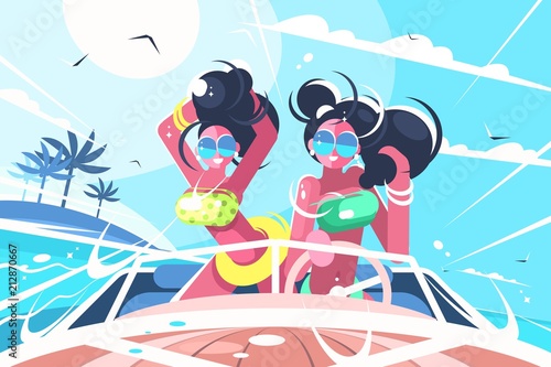 Girls in bathing suits riding speedboat