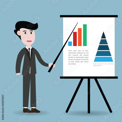 Happy young business man making a presentation with flip chart.