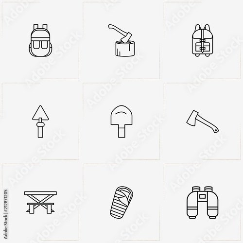 Tourism line icon set with backpack, shovel and camping table